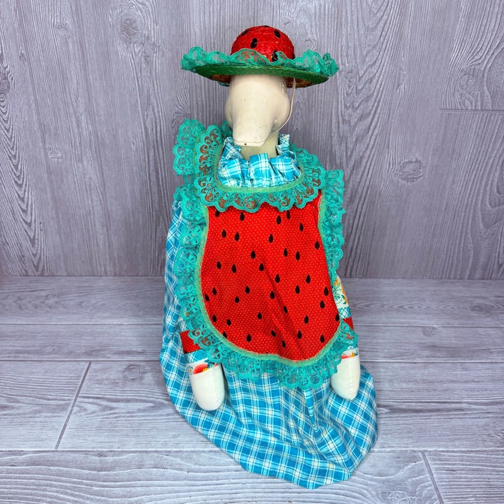 Vintage hand made porch goose outfit / clothes wicker hat and watermelon dress - Picture 3 of 6